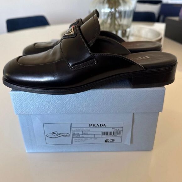 Prada Black Square Toe Leather Logo Slip-On Mules EU 36.5 US 6.5 Authentic - Picture 7 of 10